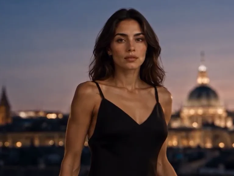 Still from the Prada Paradoxe showcase film: a woman on a Paris rooftop at dusk with a lit dome behind her