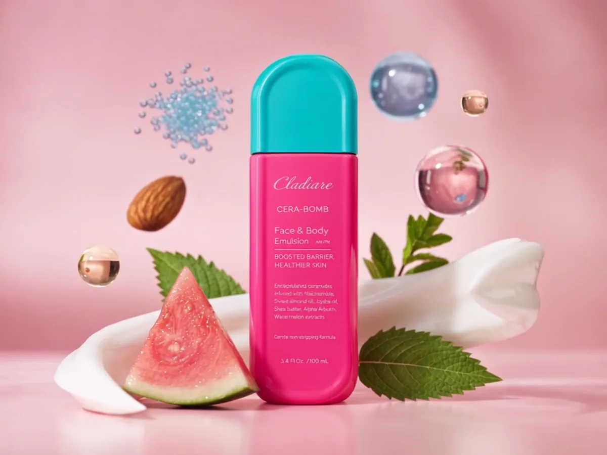 Still from the Cladiare Cera-Bomb product ad: the pink bottle among watermelon, almond, cream and floating serum drops