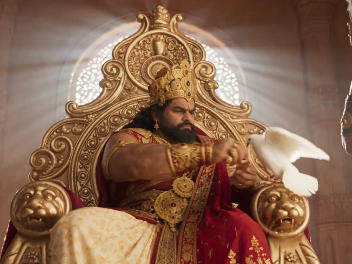 Opening shot of the Rapto storytelling ad: a king on a golden throne releasing a white dove
