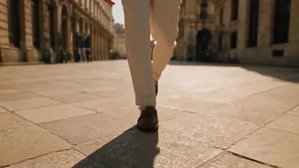 Opening frame of the brand films reel: a man in cream trousers and brown loafers walking across a sunlit stone square in a European city