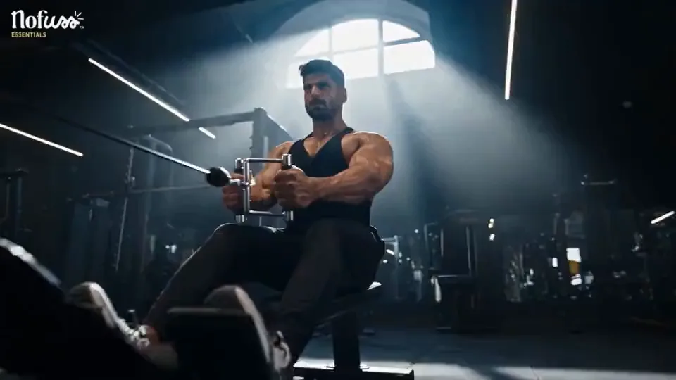 Opening frame of the Nofuss Whey ad: a man on a cable row in a gym, lit by a shaft of window light, with the Nofuss Essentials logo in the corner