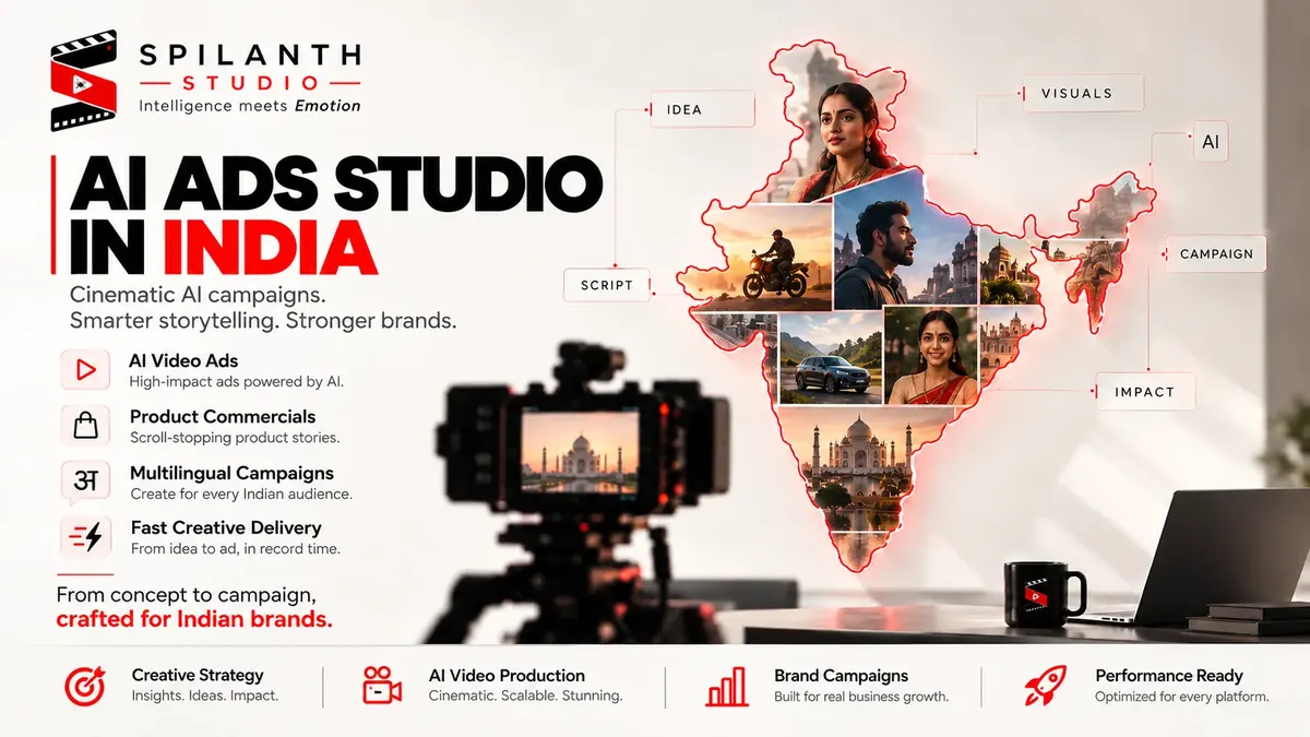 Spilanth Studio poster: AI Ads Studio in India, with a map of India built from ad frames, a camera on a tripod and the line Intelligence meets Emotion