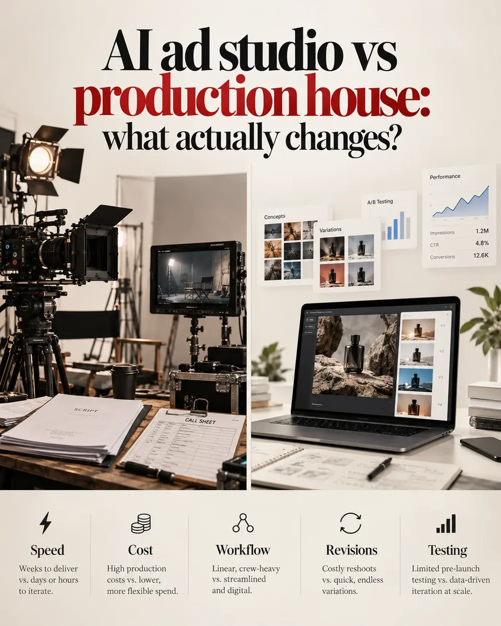 Poster titled AI ad studio vs production house: what actually changes? A film set beside a laptop of ad variations, with five points: speed, cost, workflow, revisions, testing