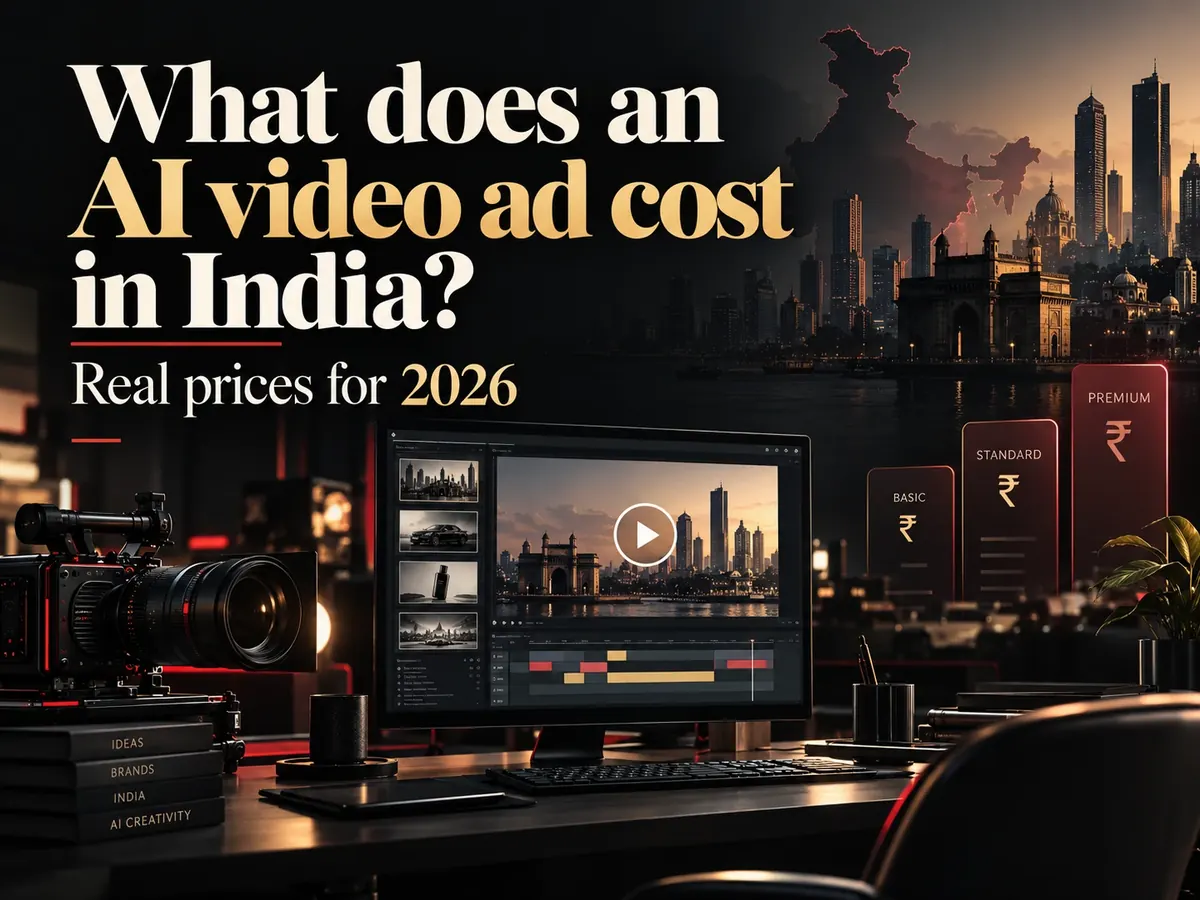 Poster titled What does an AI video ad cost in India? Real prices for 2026, with a video editor showing the Gateway of India, a cinema camera and three rupee price cards