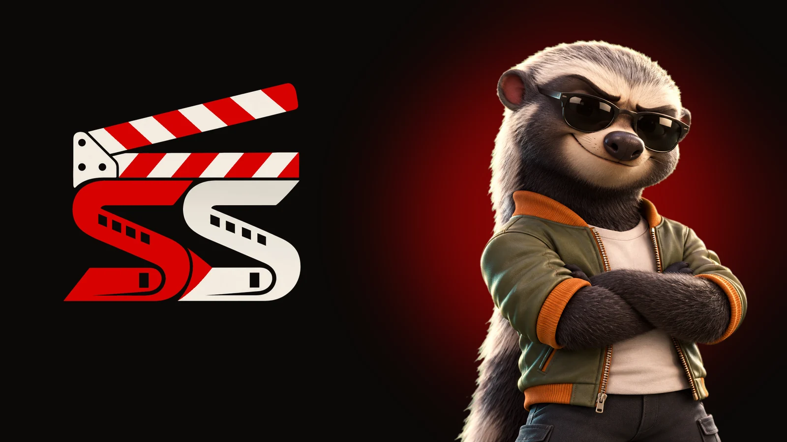 A honey badger in a green jacket and sunglasses stands beside the red and cream Spilanth clapperboard logo on a dark background