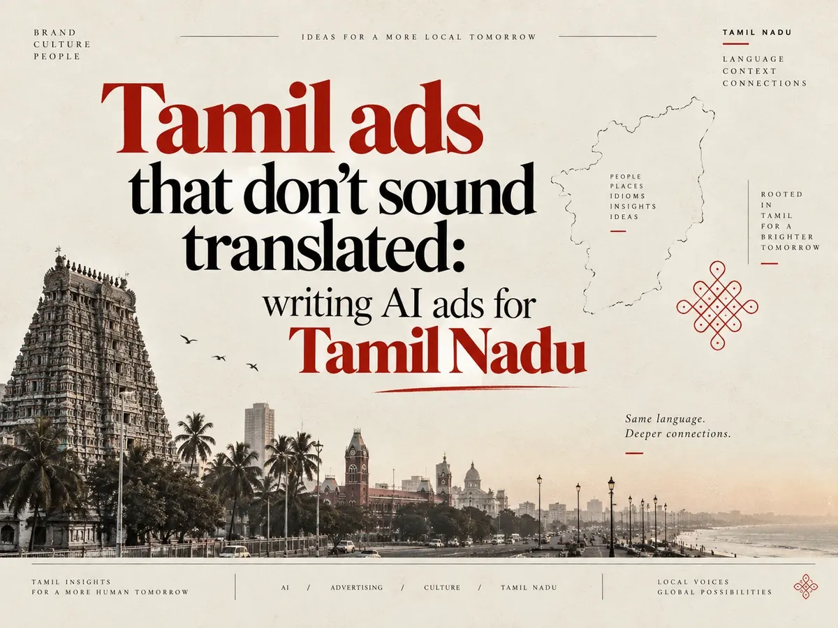 Poster titled Tamil ads that don’t sound translated: writing AI ads for Tamil Nadu, with a gopuram temple tower, the Chennai seafront, a Tamil Nadu map and a kolam knot