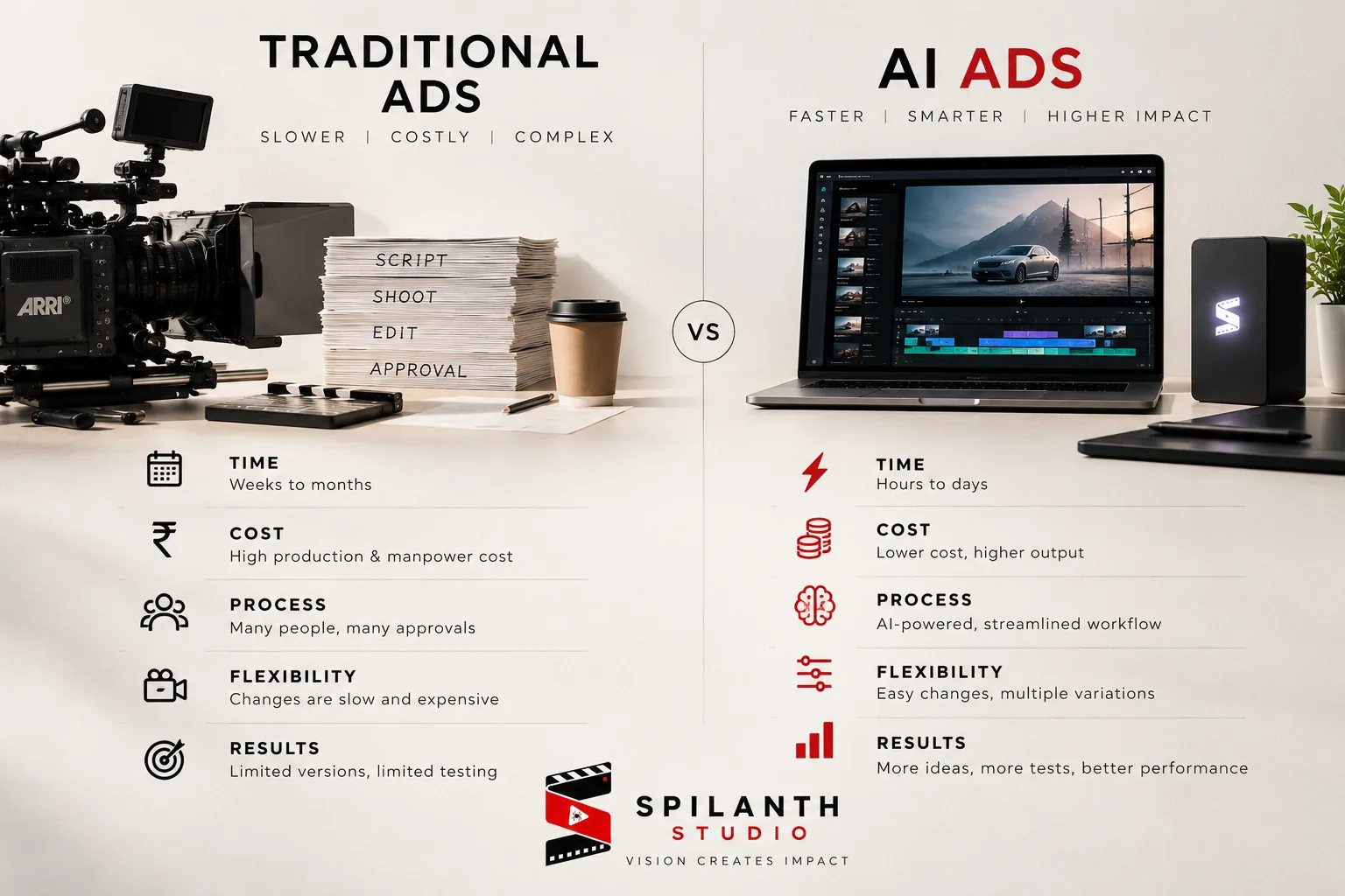 Side by side: traditional ads with a cinema camera and paperwork versus AI ads on a laptop editor, compared on time, cost, process, flexibility and results