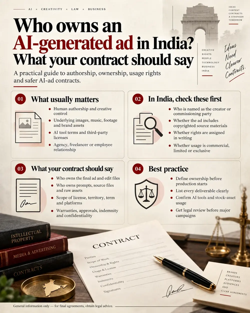 Infographic titled Who owns an AI-generated ad in India? What your contract should say, with four panels on what matters, what to check, what to put in writing and best practice