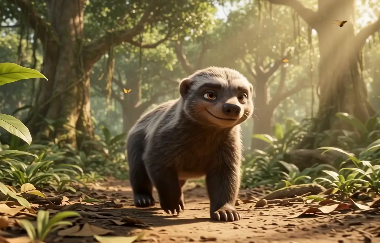 A baby honey badger walking toward the camera along a sunlit jungle path
