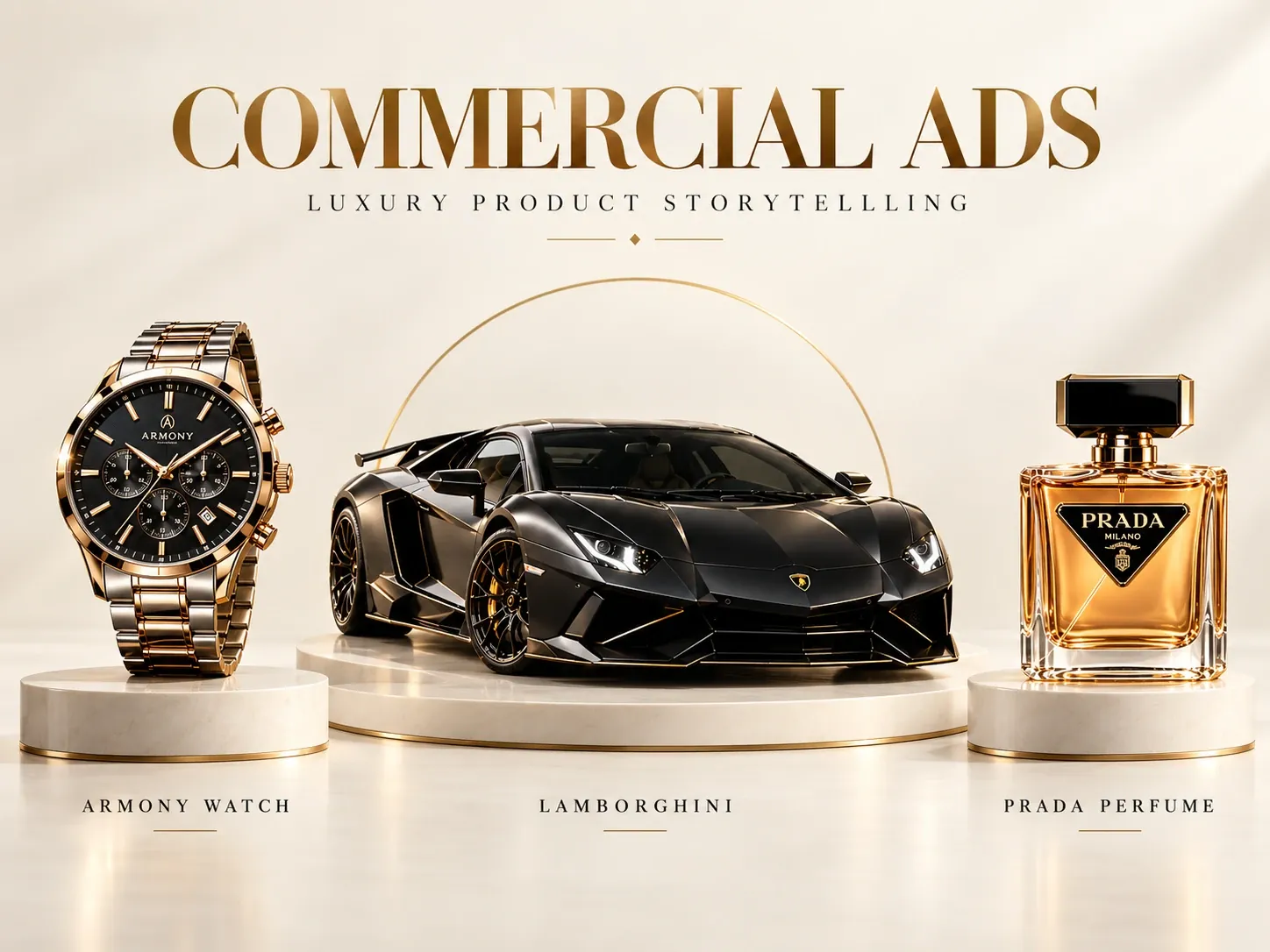 Commercial ads poster: a rose-gold chronograph watch, a black Lamborghini and a Prada perfume bottle on cream stone plinths, under the line luxury product storytelling