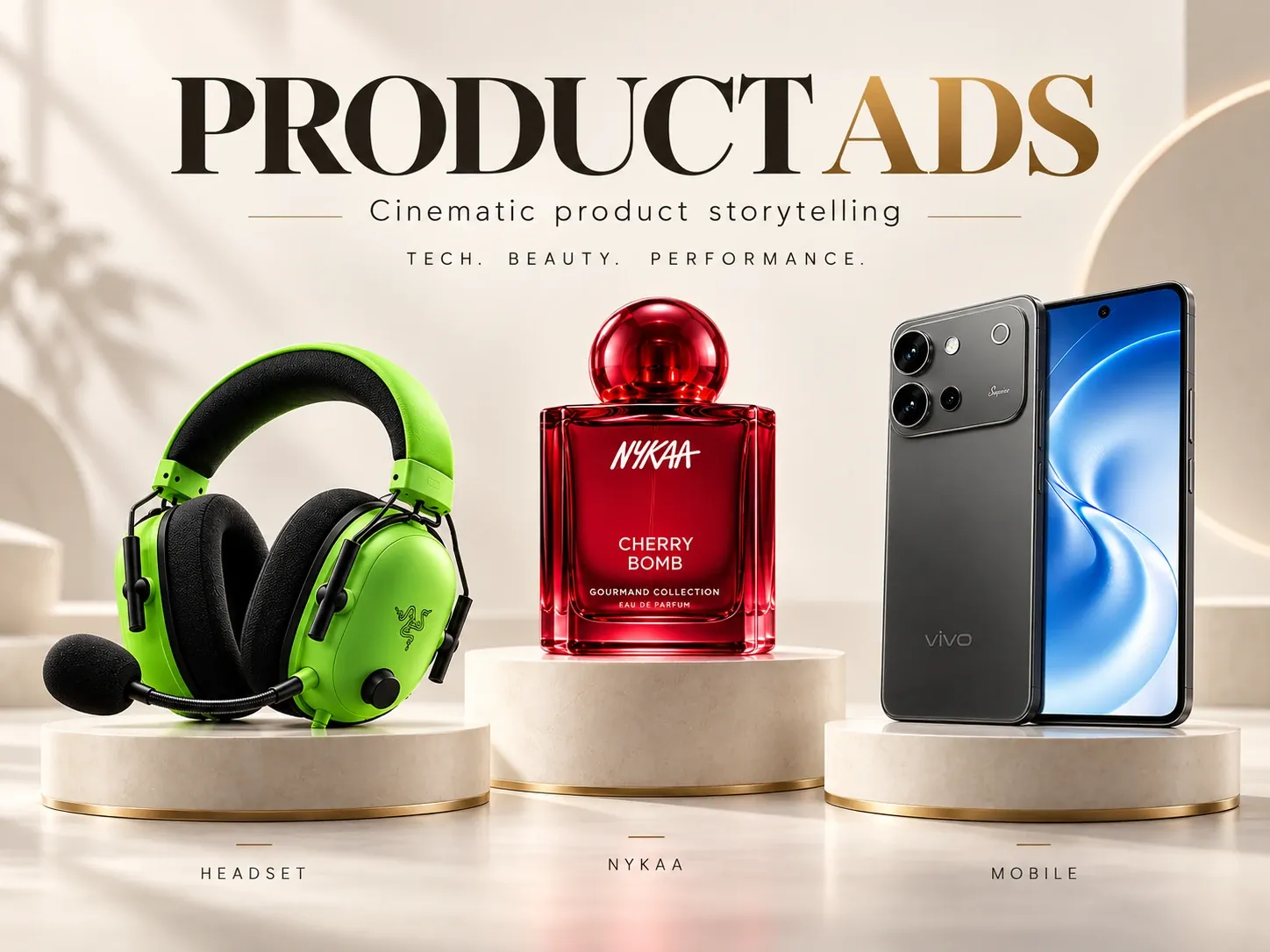 Product ads poster: a green Razer gaming headset, a red Nykaa Cherry Bomb perfume and a vivo smartphone on cream stone plinths, under the line cinematic product storytelling