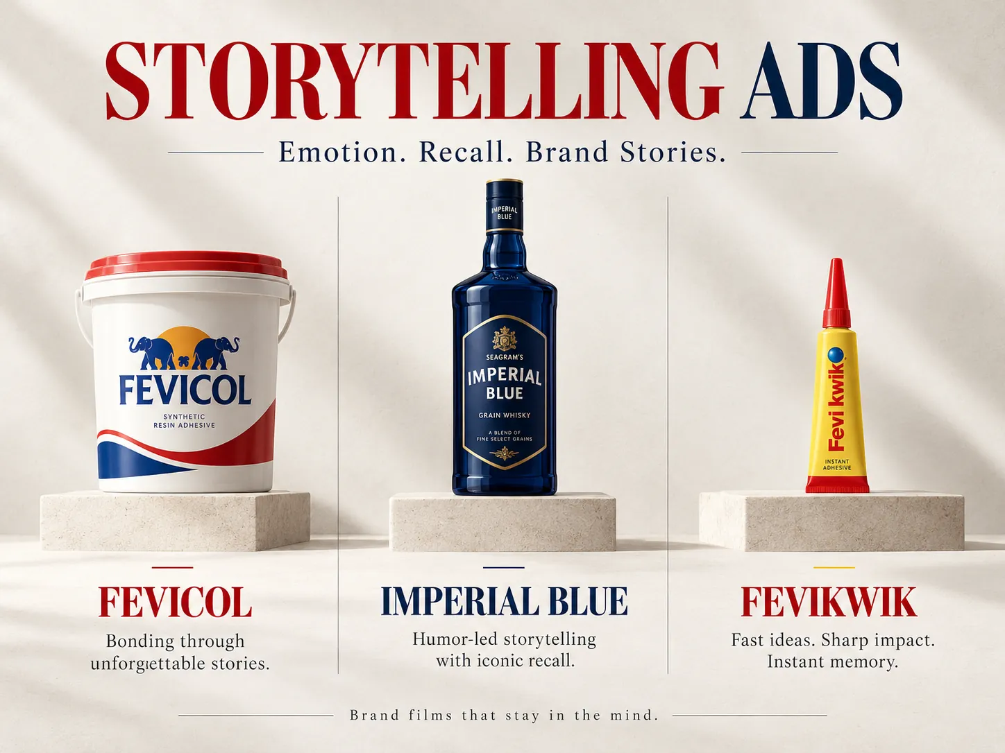 Storytelling ads poster: a Fevicol bucket, an Imperial Blue bottle and a Fevikwik tube on stone plinths, under the line Emotion. Recall. Brand Stories.