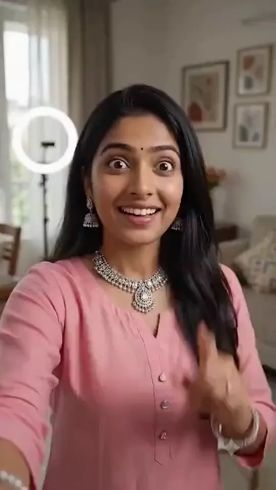 Opening frame of the presenter reel: an AI presenter in a pink kurta and silver jewellery smiling at the camera in a bright room with a ring light